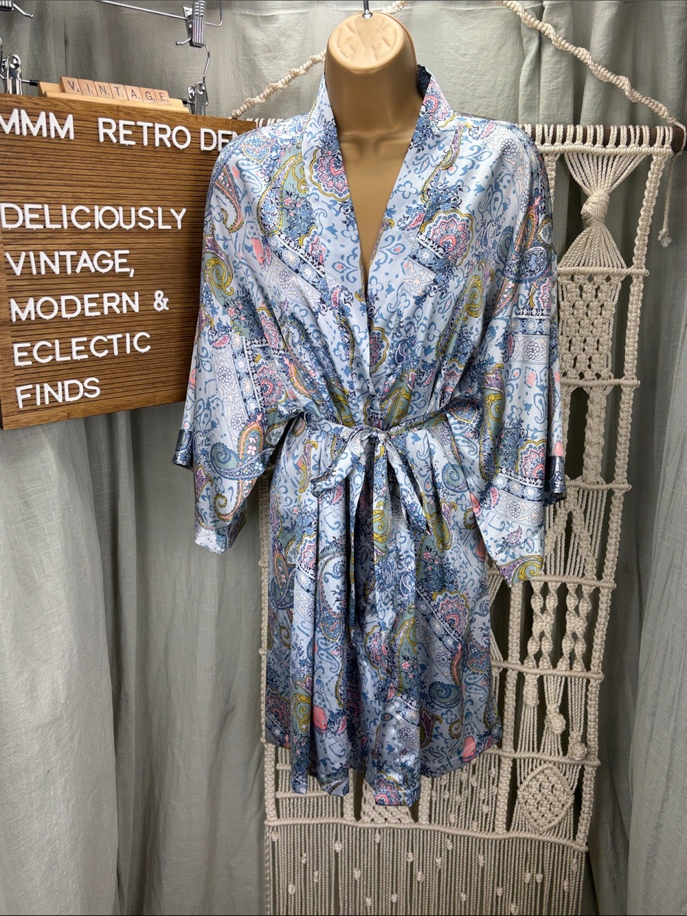 Victoria's Secret Light Blue Paisley Satin Robe with Pink & Yellow Accents | M/L